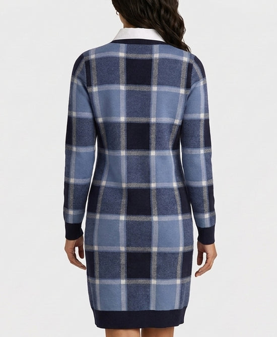 
Plaid Knit Dress w/ Shirt Underlay in BLUE MULTI view 2