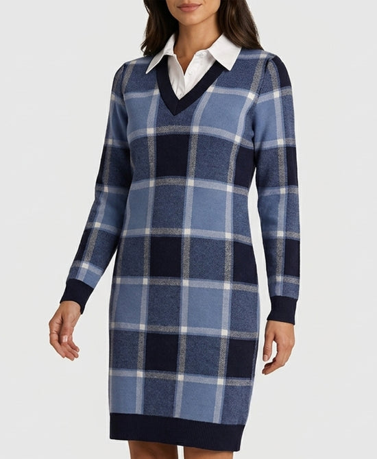 
Plaid Knit Dress w/ Shirt Underlay in BLUE MULTI view 1