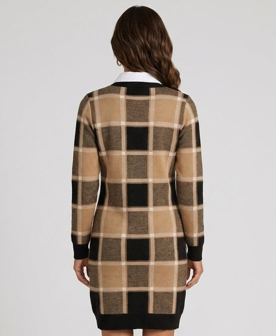 
Plaid Knit Dress w/ Shirt Underlay in CAMEL MULTI view 2