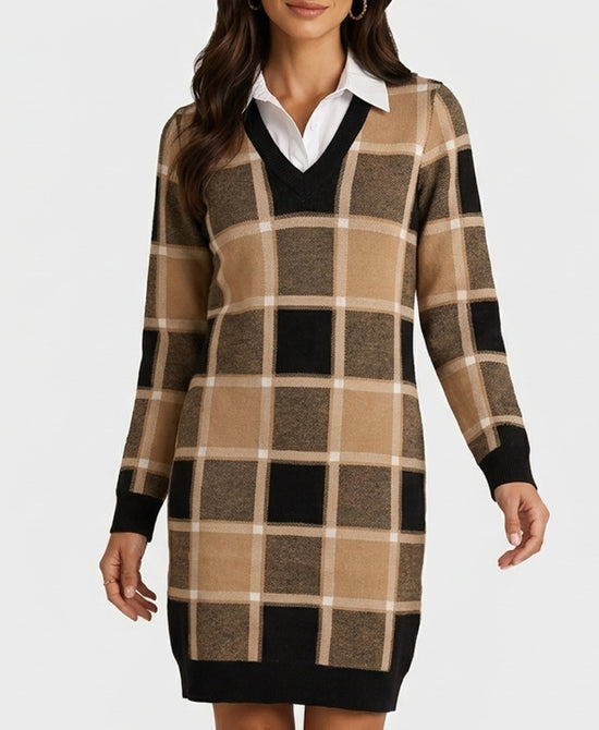
Plaid Knit Dress w/ Shirt Underlay in CAMEL MULTI view 1