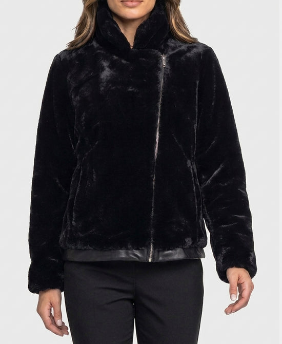 
Faux Fur Jacket w/ Faux Leather Trim in BLACK view 1