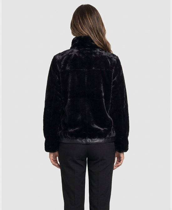 
Faux Fur Jacket w/ Faux Leather Trim in BLACK view 2