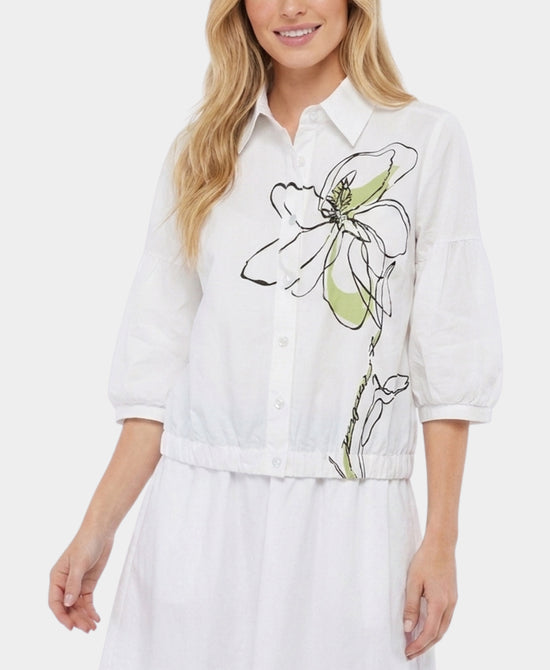 
Floral Print Blouse w/ Puff Sleeves in WHITE view 1