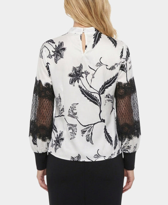 
Satin Blouse w/ Lace Trim in WHITE/BLACK view 2