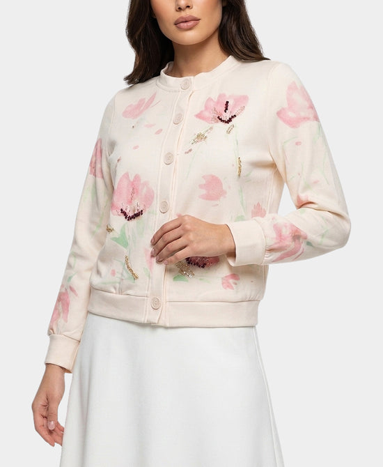 
Floral Print Cardigan w/ Beads in PINK MULTI view 1
