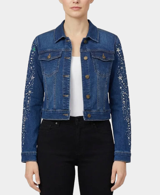Cropped Denim Jacket w/ Rhinestones & Stars view 