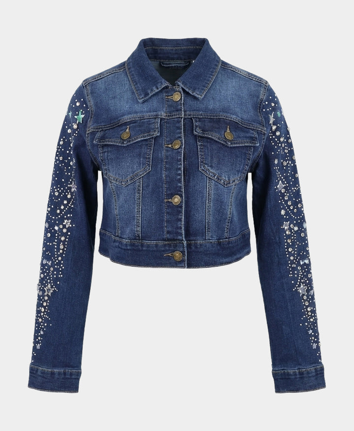 Cropped Denim Jacket w/ Rhinestones & Stars – FOX'S - Online
