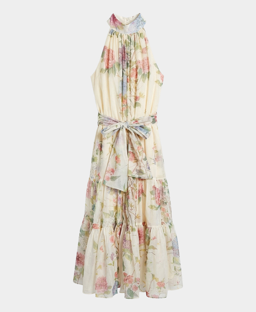 sachin and babi light blue dress L'Amorae Elegant Romantic Wedding Guest Halter Tiered Chiffon Maxi Dress  Floral Print