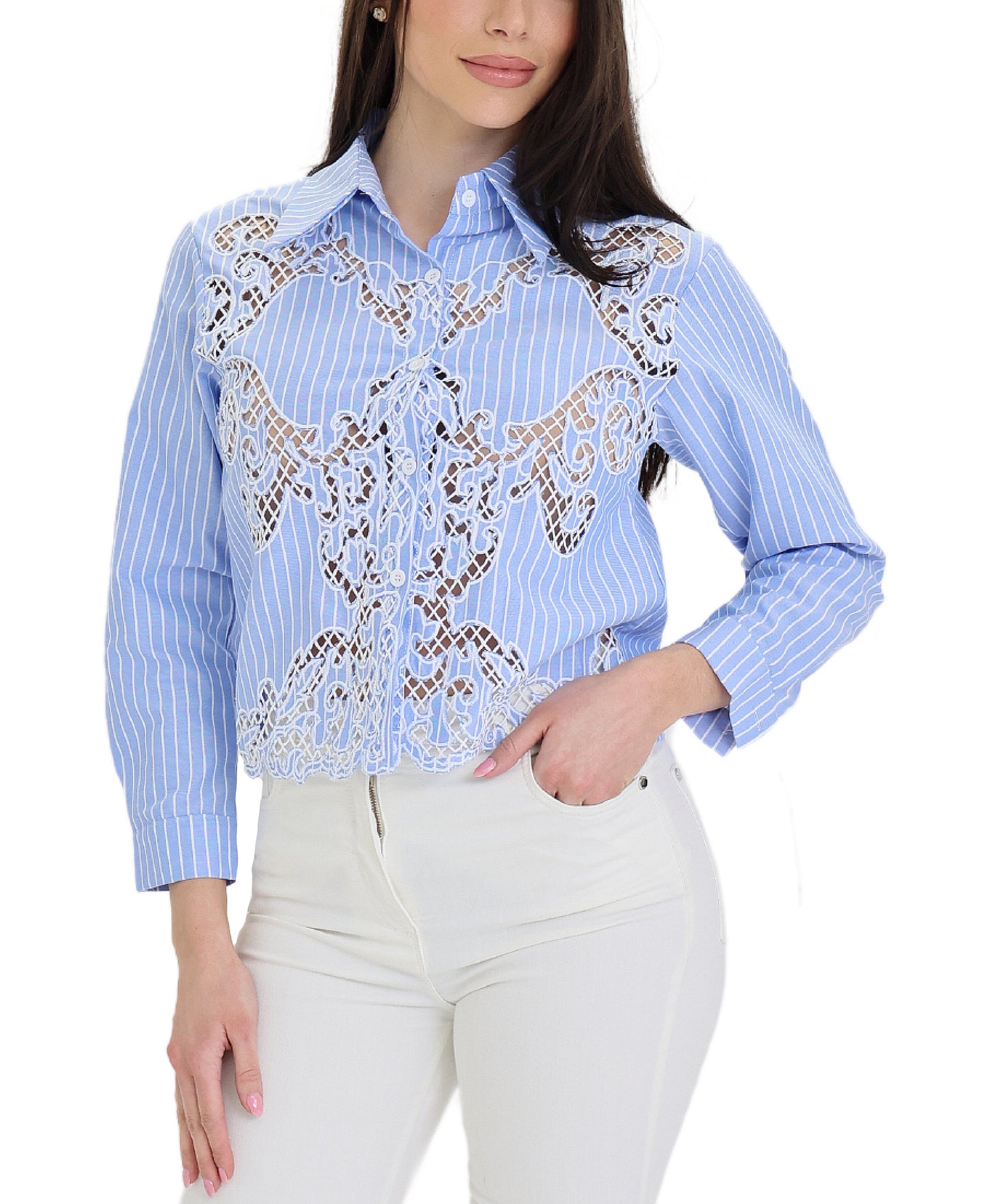 Stripe Blouse w/ Embroidery Cutouts view 1