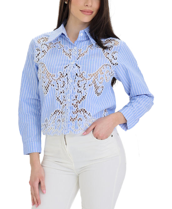 Stripe Blouse w/ Embroidery Cutouts view 