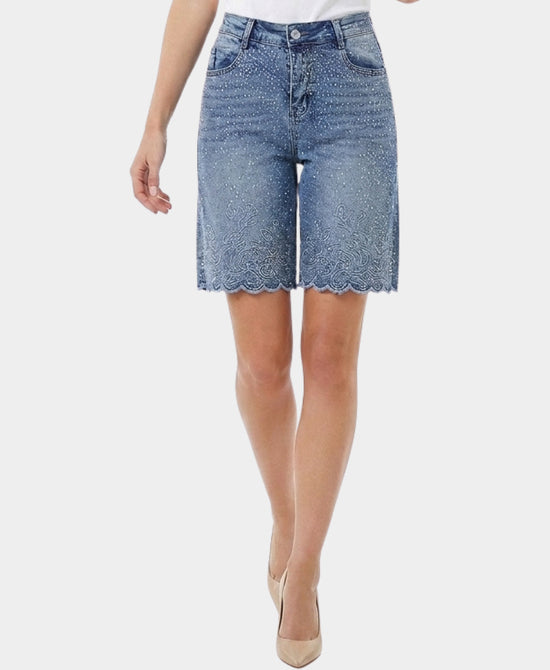 
Bermuda Shorts w/ Crystals & Embroidered Hem in MEDIUM WASH view 1