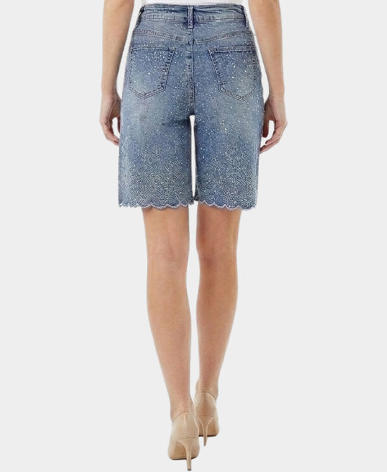 
Bermuda Shorts w/ Crystals & Embroidered Hem in MEDIUM WASH view 2