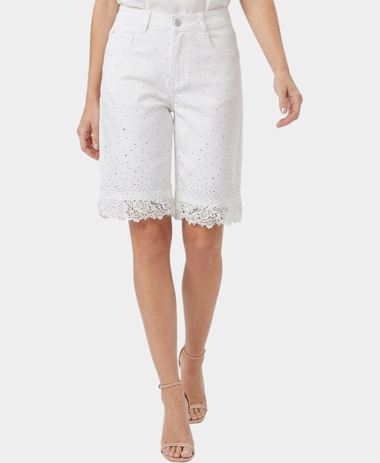 
Lace Trim Denim Bermuda Shorts w/ Crystals in WHITE view 1