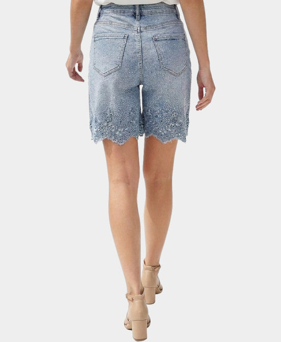 
Bermuda Shorts w/ Crystals & Embroidered Hem in LIGHT WASH view 2