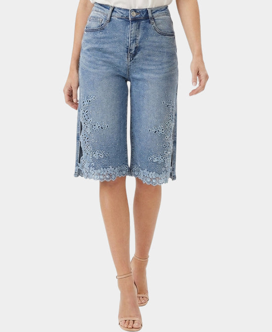 
Floral Cutout Denim Bermuda Shorts w/ Crystals in BLUE view 1