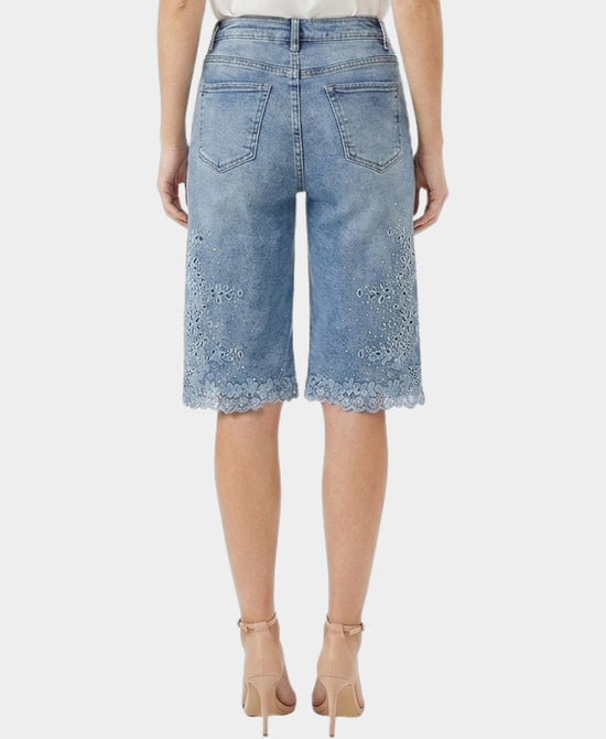 
Floral Cutout Denim Bermuda Shorts w/ Crystals in BLUE view 2