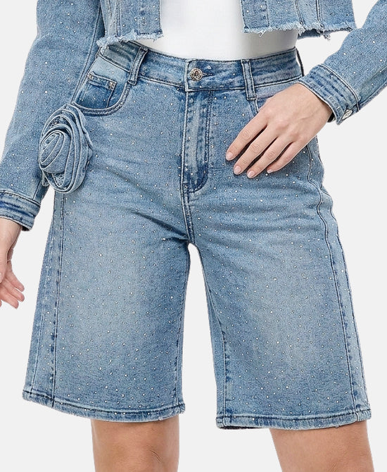 
Bermuda Shorts w/ Rosette & Crystals in MEDIUM WASH view 1