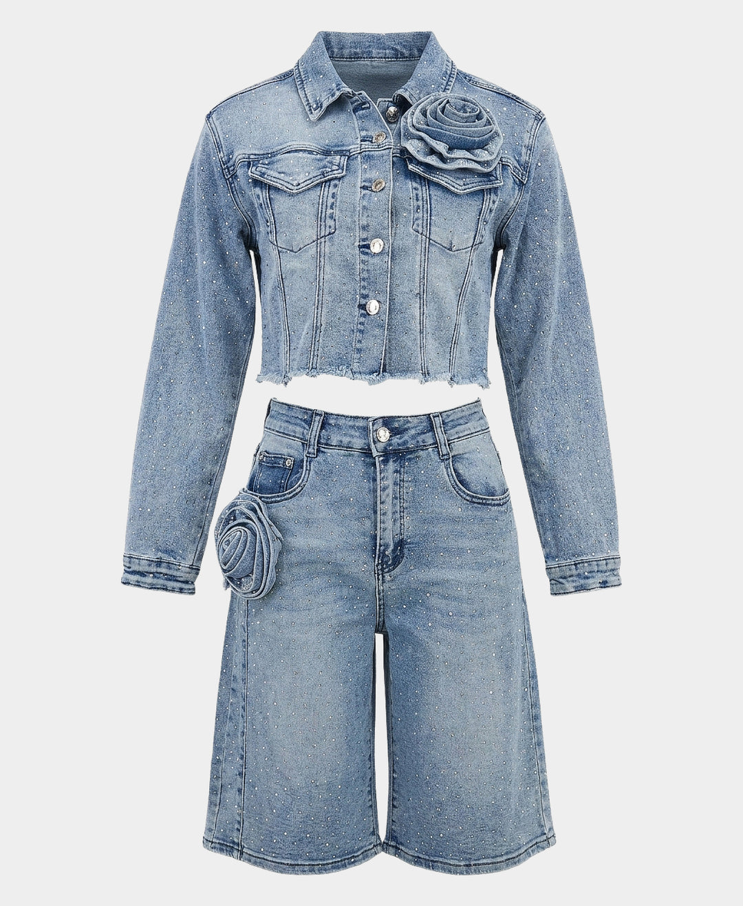 Crop Denim Jacket w/ Crystals & Rosette – FOX'S - Online