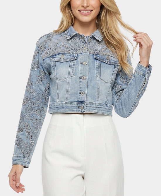 
Embroidered Crop Denim Jacket w/ Crystals in LIGHT WASH view 1
