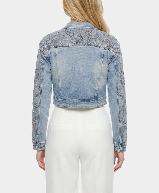 
Embroidered Crop Denim Jacket w/ Crystals in LIGHT WASH view 2