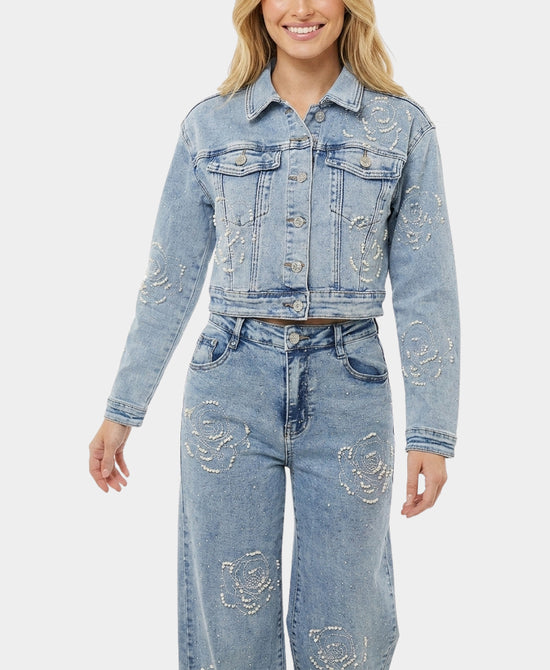 
Crop Denim Jacket w/ Crystal & Pearl Detail in MEDIUM WASH view 1