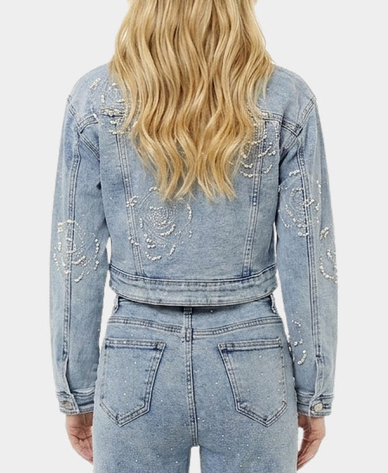 
Crop Denim Jacket w/ Crystal & Pearl Detail in MEDIUM WASH view 2