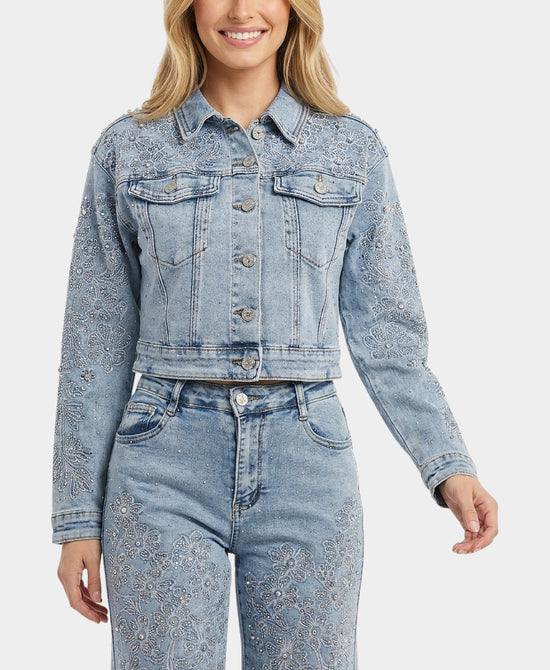 
Crop Denim Jacket w/ Embroidered Flower Detail & Crystals in MEDIUM WASH view 1