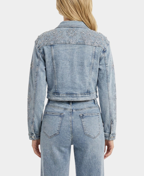 
Crop Denim Jacket w/ Embroidered Flower Detail & Crystals in MEDIUM WASH view 2