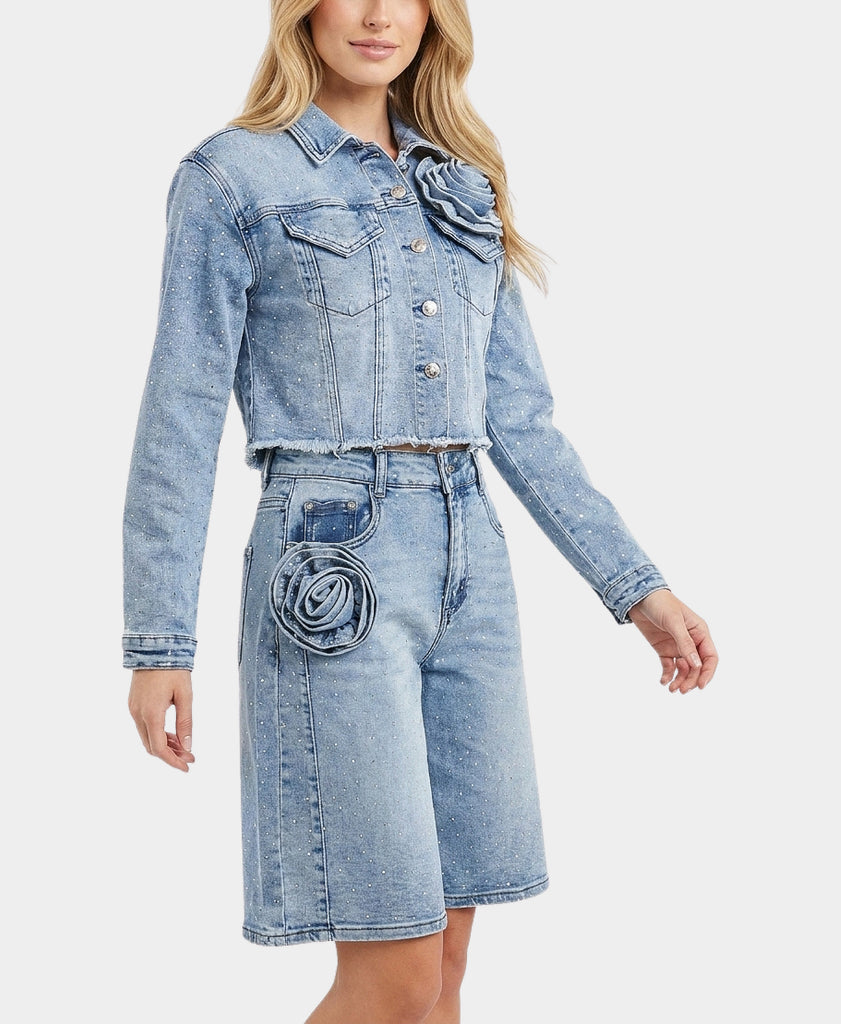 Crop Denim Jacket w/ Crystals & Rosette – FOX'S - Online