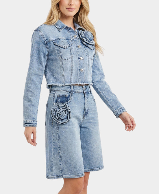 
Crop Denim Jacket w/ Crystals & Rosette in MEDIUM WASH view 1