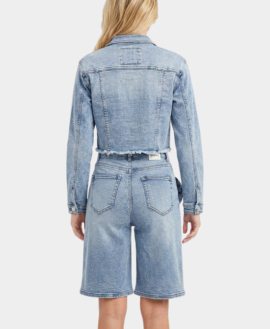 
Crop Denim Jacket w/ Crystals & Rosette in MEDIUM WASH view 2