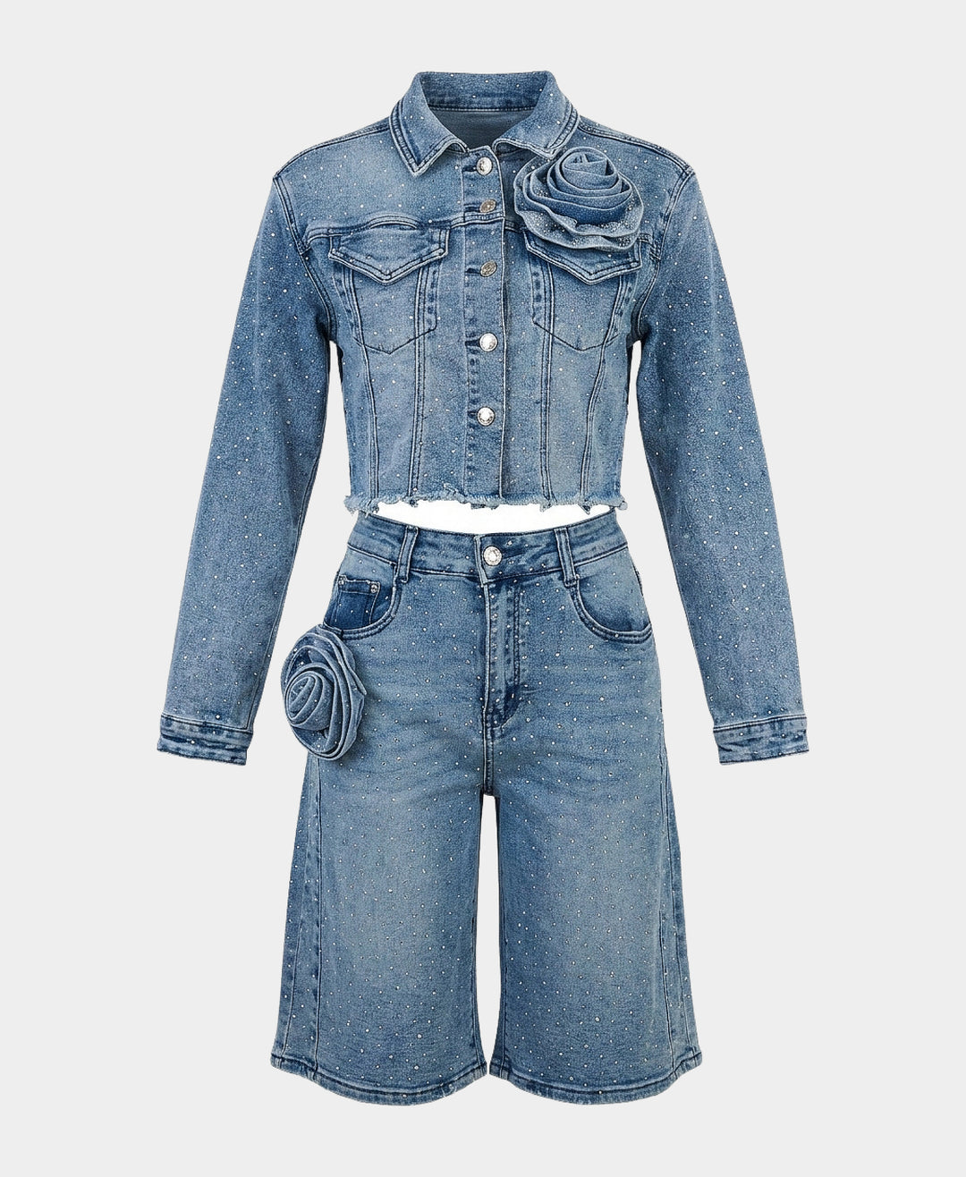 Crop Denim Jacket w/ Crystals & Rosette – FOX'S - Online