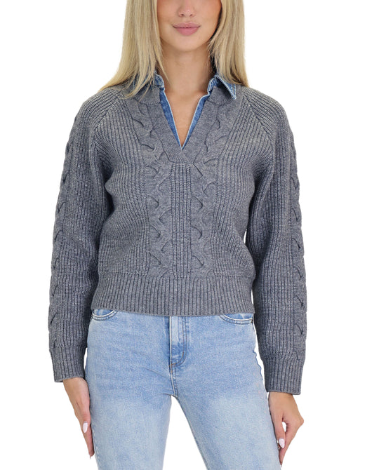 Cable Knit Sweater w/ Denim Collar view 