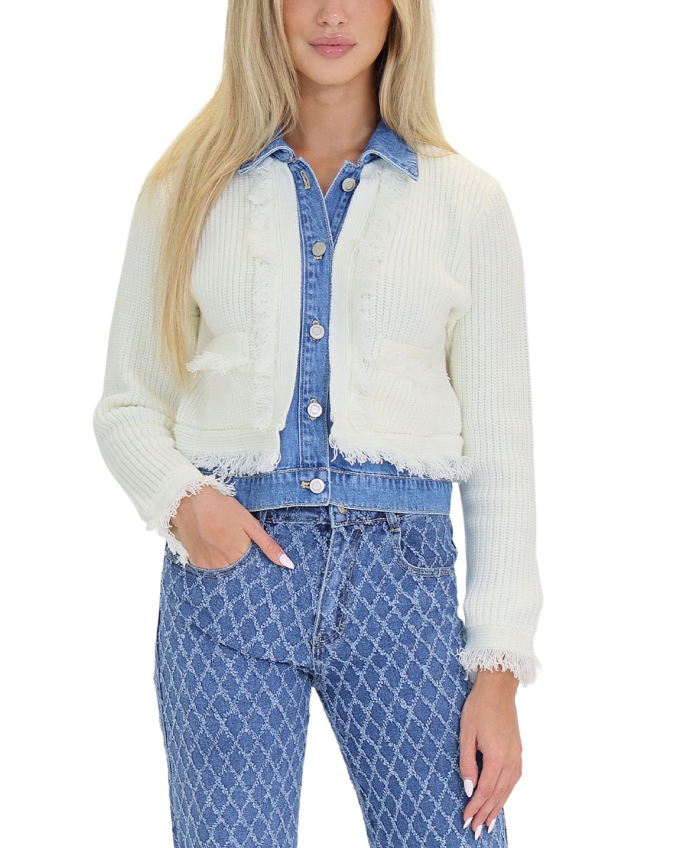 Ribbed Cardigan w/ Denim Trim view 1