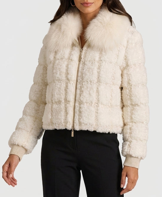 
Sherpa Crop Jacket w/ Fox Fur Collar in WHITE view 1