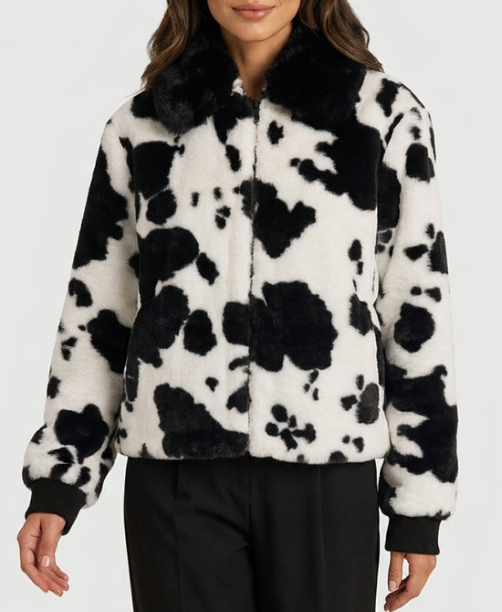 
Cow Print Faux Fur Jacket in WHITE/BLACK view 1