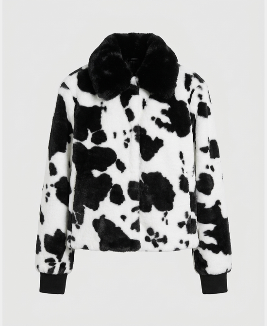 
Cow Print Faux Fur Jacket in WHITE/BLACK view 2