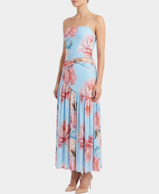 Mesh Floral Print Maxi Dress w/ Gold Hardware view 1