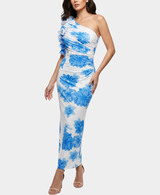 
Mesh Floral Print Maxi Dress w/ Ruffle Detail & Cut-Out in BLUE/WHITE view 1