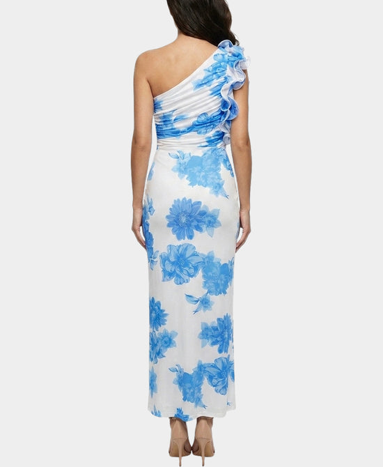 
Mesh Floral Print Maxi Dress w/ Ruffle Detail & Cut-Out in BLUE/WHITE view 2