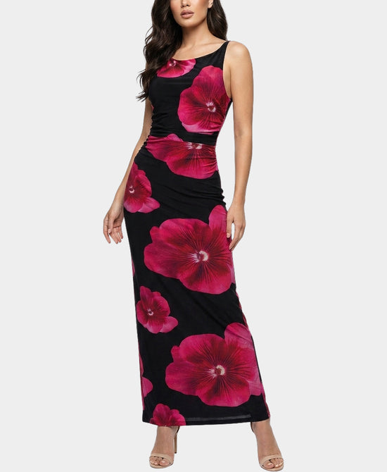 
Mesh Floral Print Maxi Dress w/ Open Back in BLACK MULTI view 1