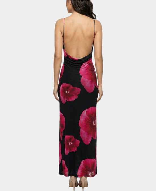 
Mesh Floral Print Maxi Dress w/ Open Back in BLACK MULTI view 2