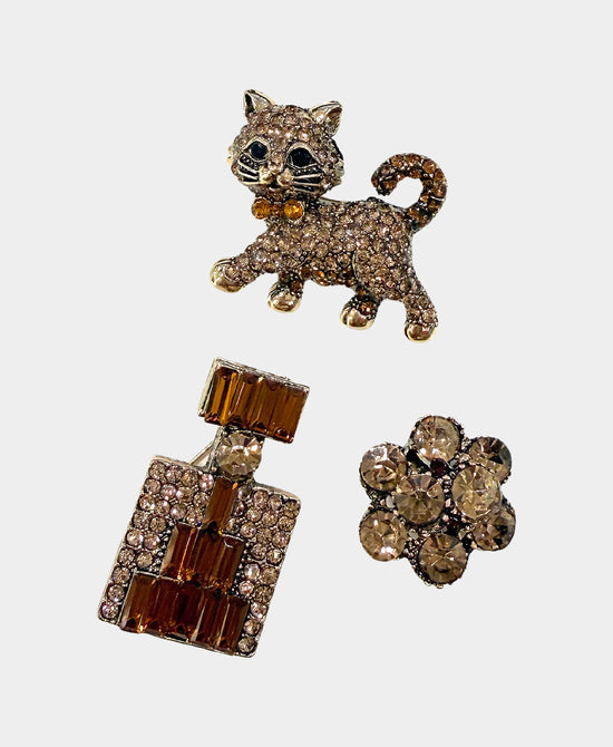 Set Of 3 Cat Crystal Brooches view 