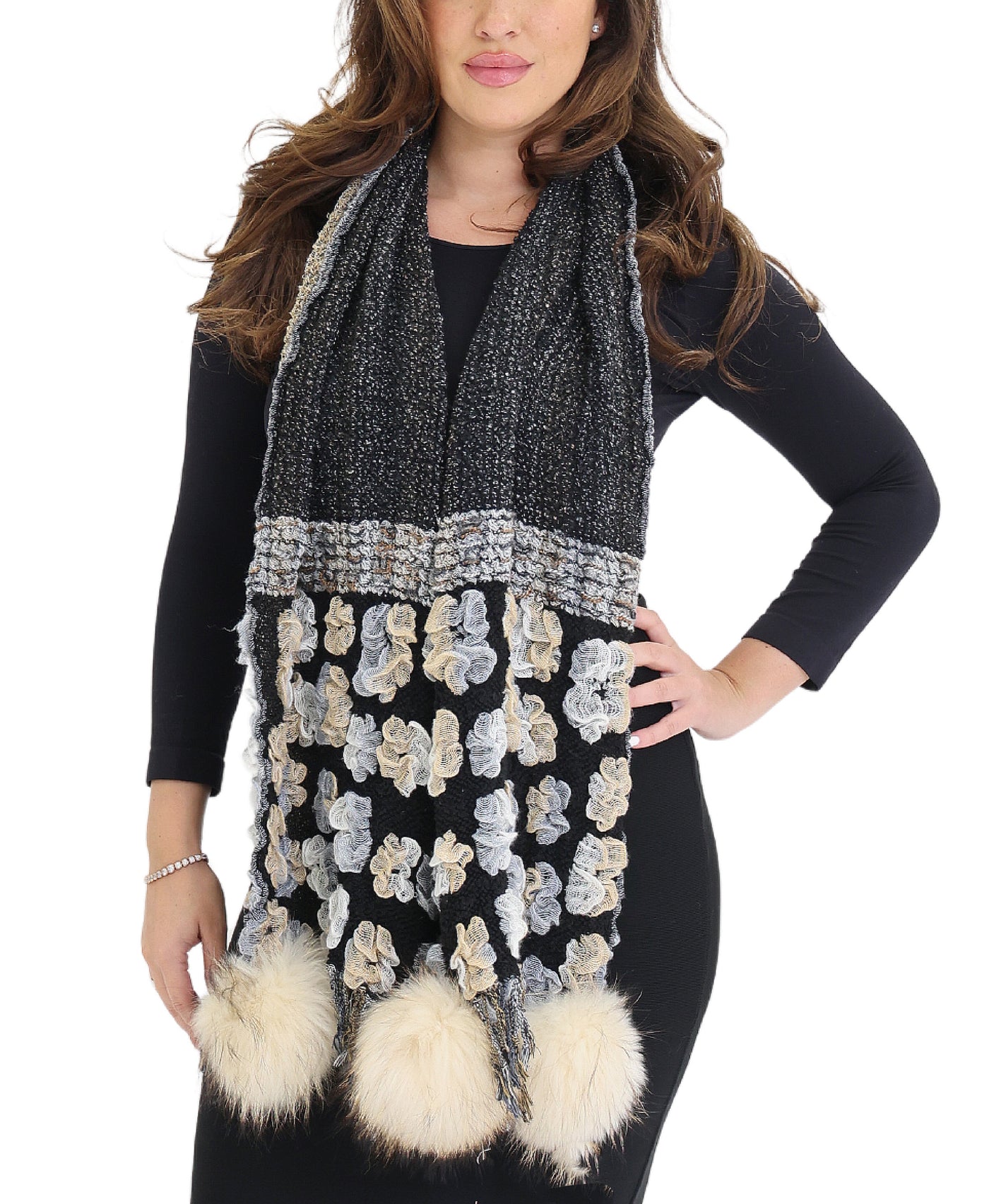 Crinkled Scarf w/ Fur Poms view 1