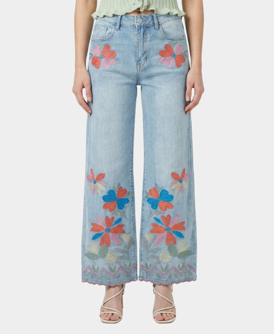 Embroidered Flowers Wide Leg Jeans view 1