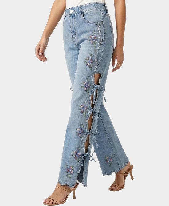 
Embroidered Jeans w/ Open Sides in LIGHT WASH DENIM view 1