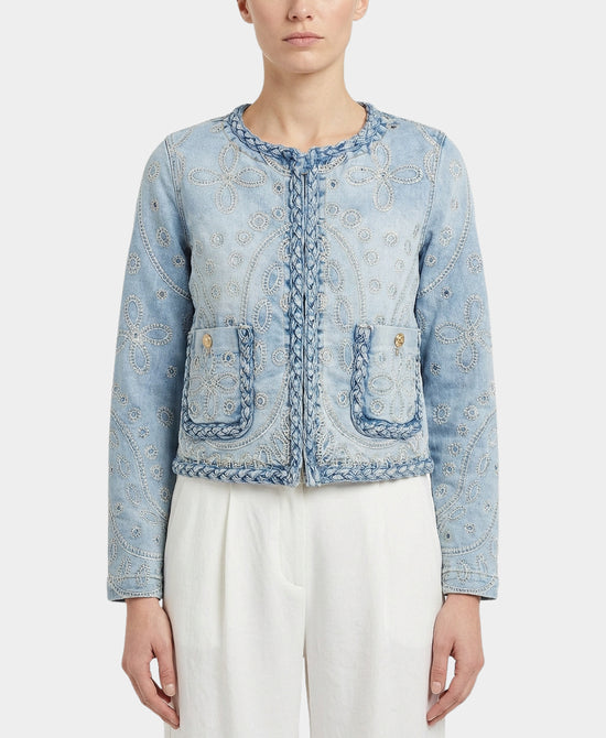 Embroidered Denim Jacket w/ Braided Trim view 1