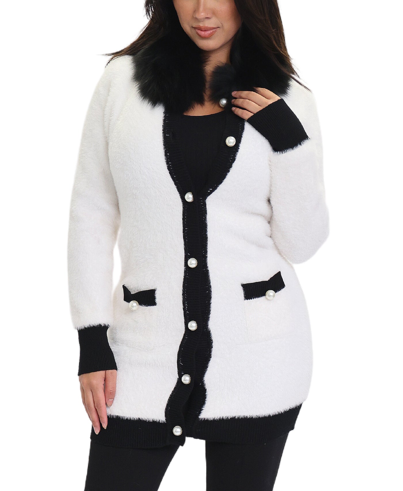 Knit Cardigan w/ Fur Trim image 1