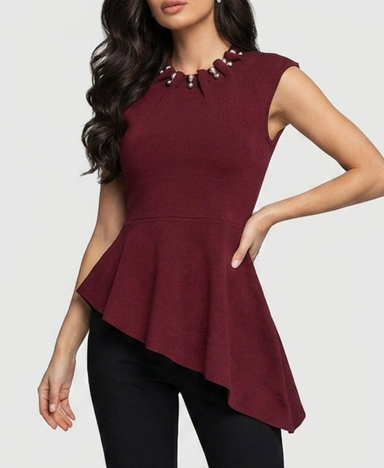 
Asymmetrical Knit Top w/ Silver Balls in BURGUNDY view 1
