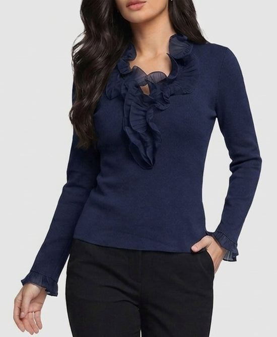 
Sweater w/ Pleated Ruffle Trim in NAVY view 1